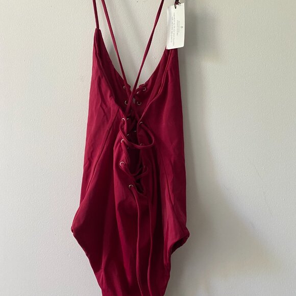 Indigo Swimwear - Red one piece bathing suit with front and back tie, Size Mediu - Picture 3 of 5
